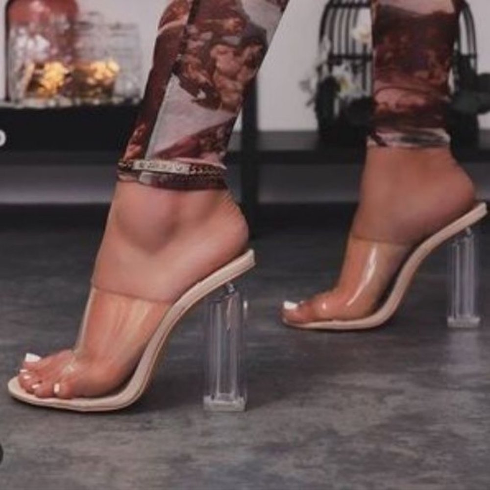 !! RESTOCKED !! Transparent Peep Toe Block Mule Heels in Nude - Picture 6 of 10